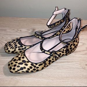 J Crew Real Fur cheetah tan black ballet flats w ankle strap 9.5